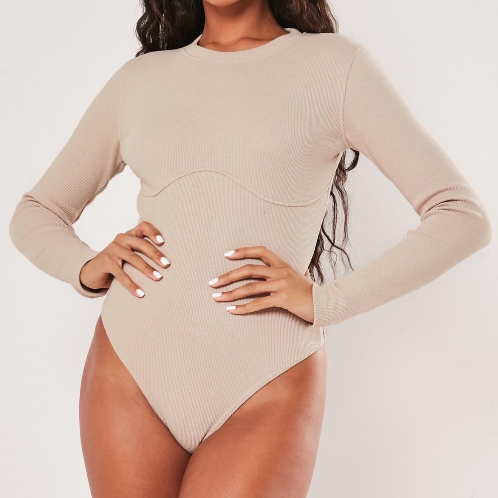 Missguided Sand Corset Detail Ribbed Bodysuit
